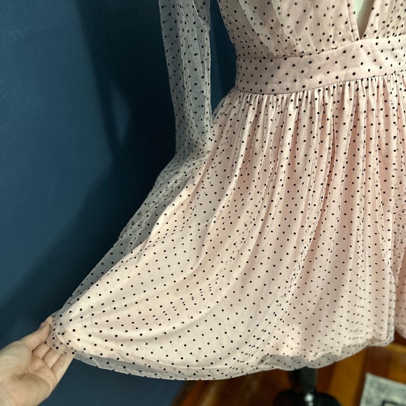 Pink Polkadot Plunge V Front Long Sleeve Mini Dress - Picture 5 of 10